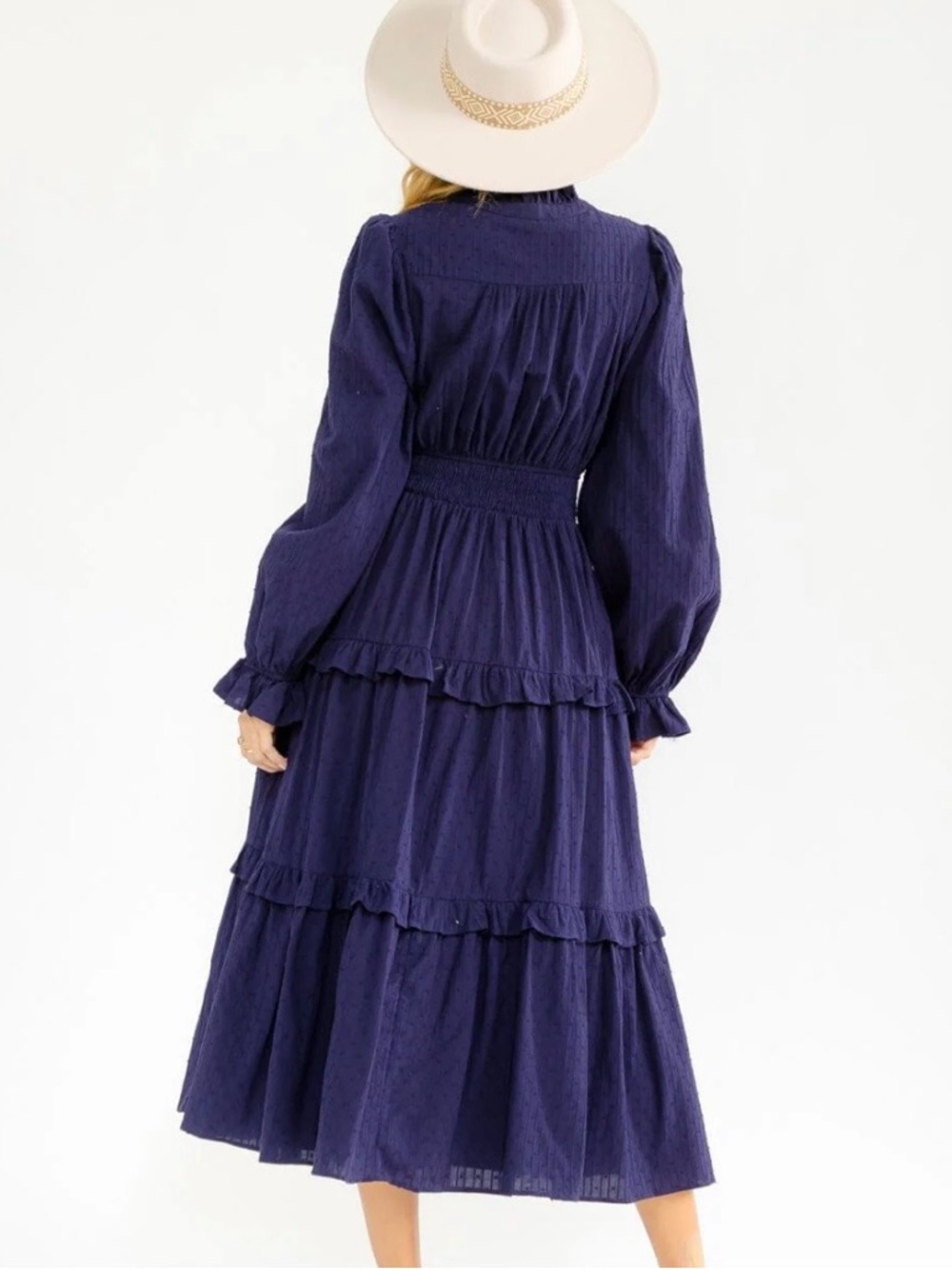 WOMEN’S LONG SLEEVE BUTTON UP ELASTIC WAIST FRONT POCKETS TIERED MIDI DRESS - Picture 4 of 16